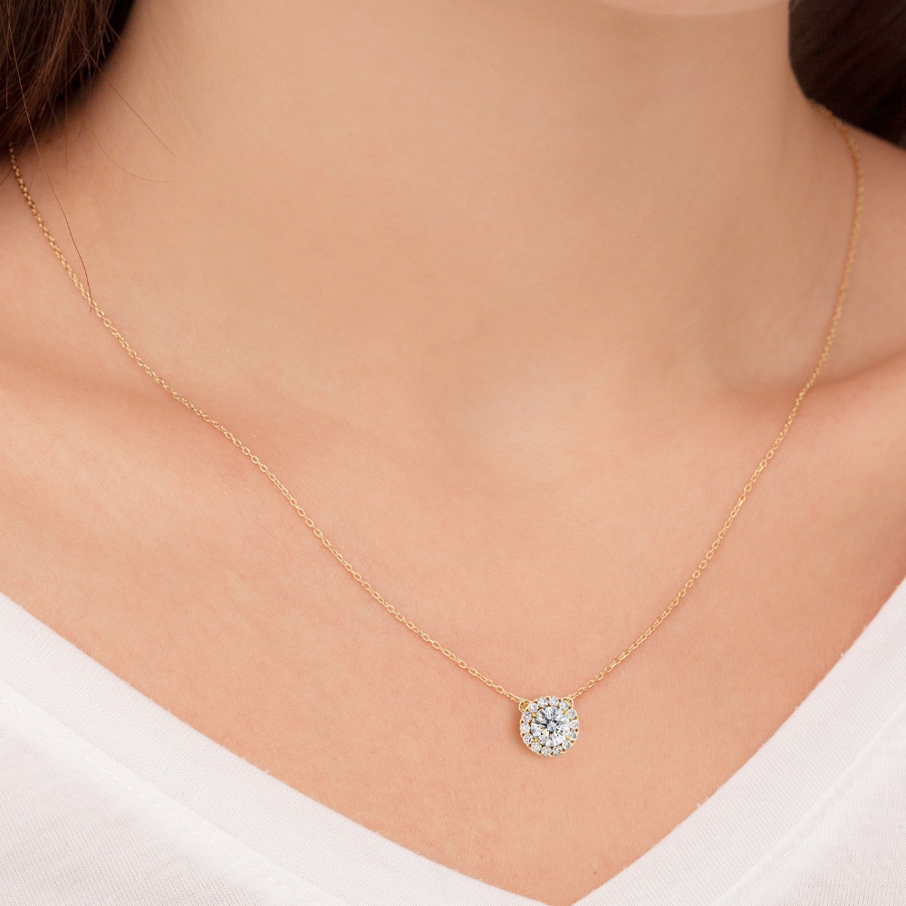 0.63ct / 1.15ct モアサナイト HALO ネックレス プラチナ 又は 18金 ゴールド