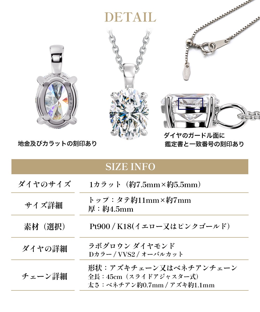 【IGI鑑定書付き】PT/K18 1カラット オーバル ダイヤモンド ソリティアネックレス ラボグロウンダイヤモンド（D-VVS2）