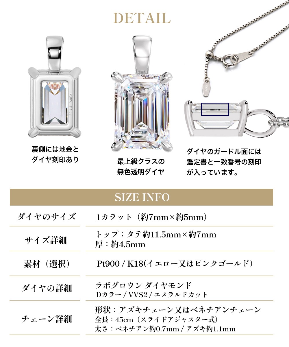 【IGI鑑定書付き】PT/K18 1.0ct ダイヤモンド ソリティアネックレス エメラルドカット ラボグロウン ダイヤモンド