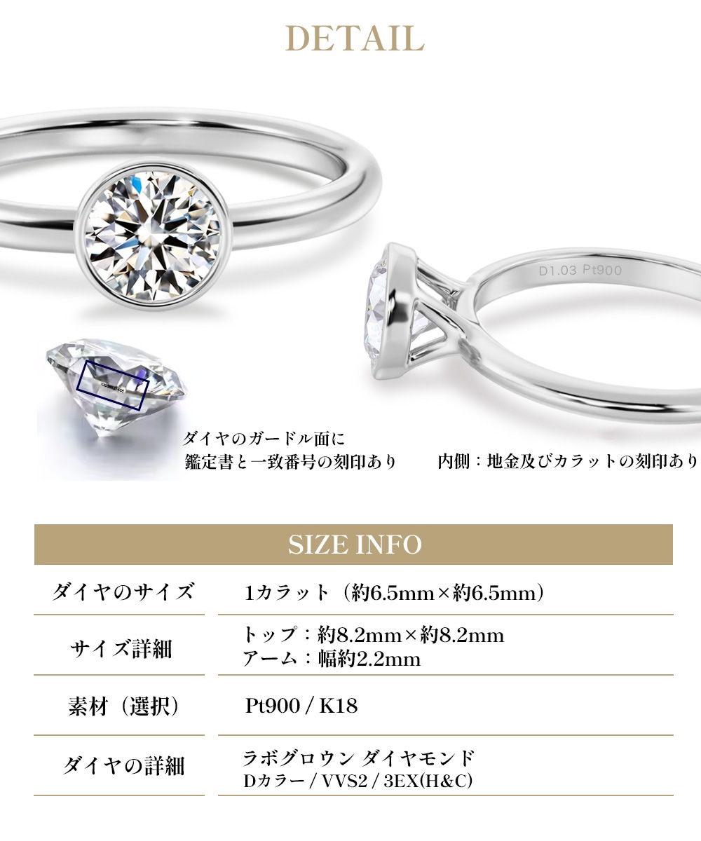 【IGI鑑定書付き】Pt900 / K18  1カラット ダイヤモンド 一粒 ベゼル フクリン 覆輪 リング