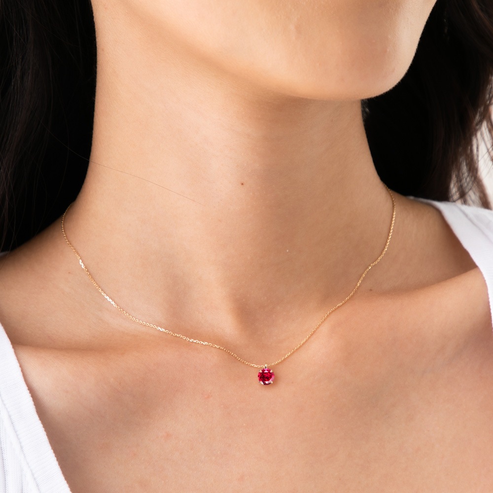 プラチナ又は18金ゴールド 1カラット ルビー 4爪 一粒 ネックレス (ラボグロウン・ルビー)