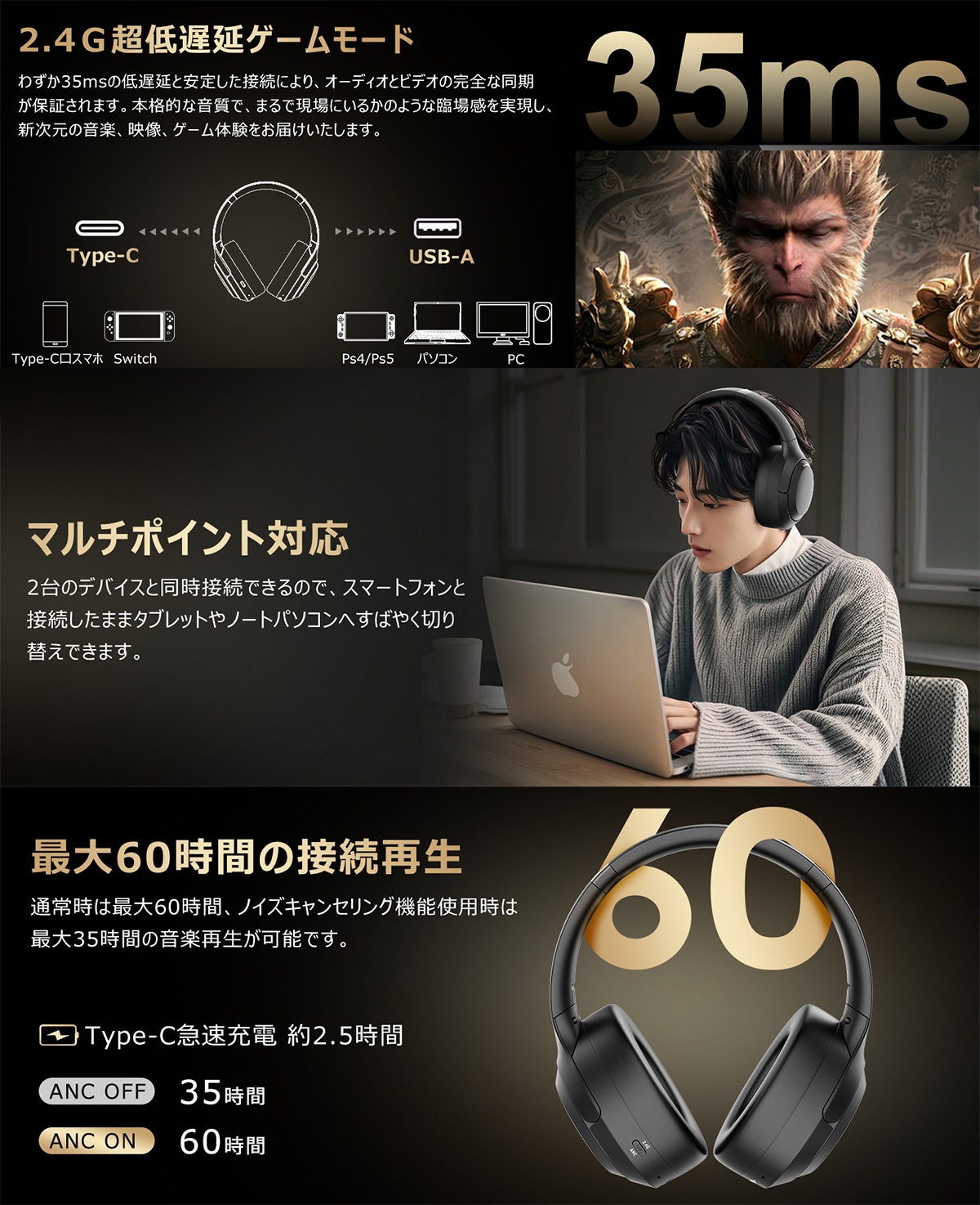 ワイヤレス ヘッドフォン-J130