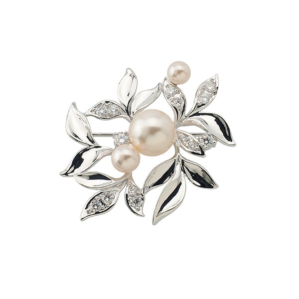 クリスタルガラスパール　草木モチーフ ブローチ　クリームローズカラー