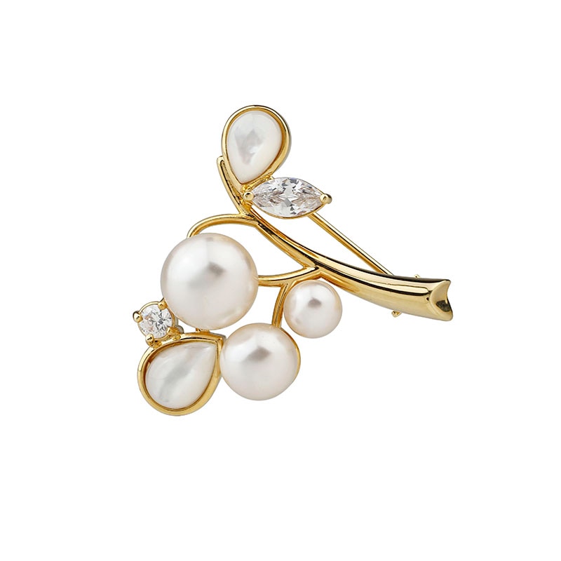 白蝶貝　クリスタルパールブローチ ゴールドカラー