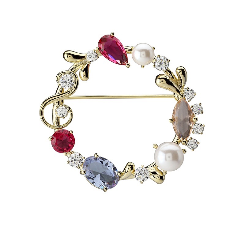 キュービックジルコニア マルチカラーデザインブローチ ゴールドカラー