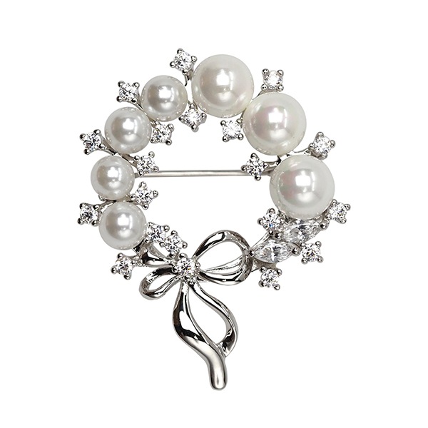パールリース　リボンアクセントブローチ ロジュームカラー