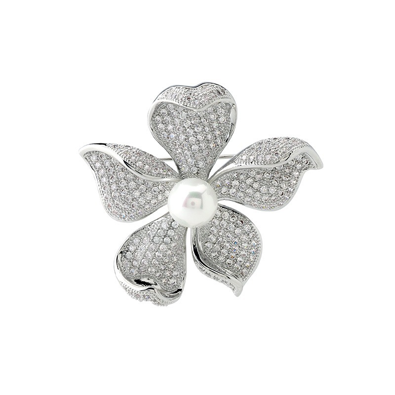 キュービックジルコニア フラワーモチーフブローチ ロジュームカラー