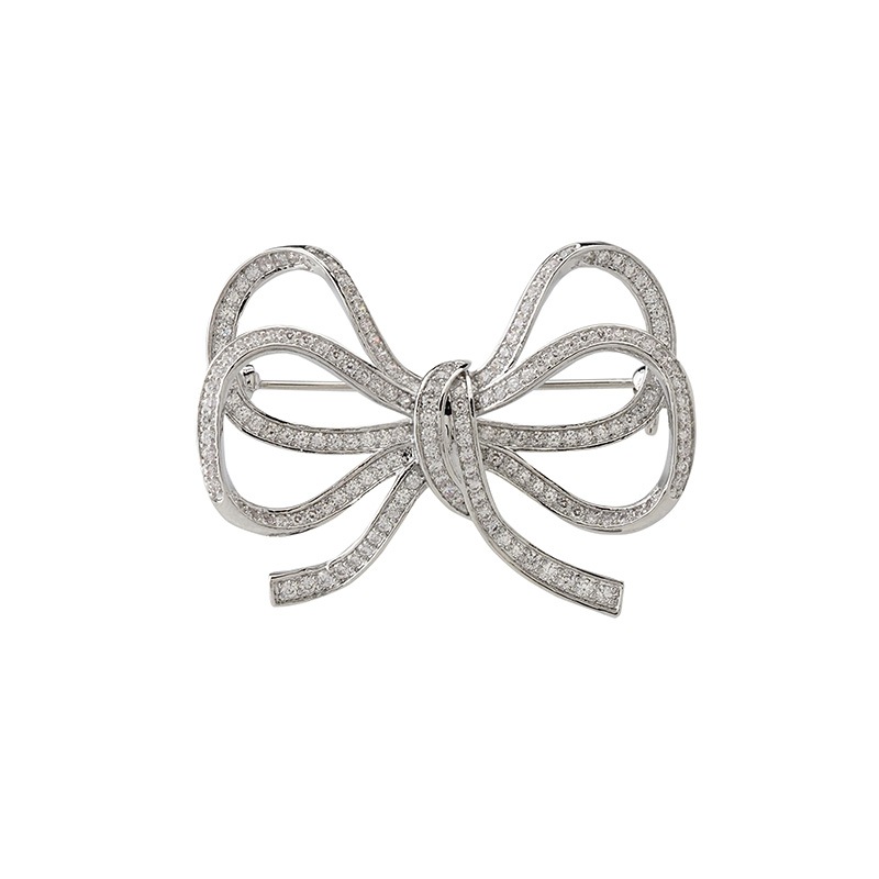 キュービックジルコニア　リボンモチーフブローチ ロジュームカラー