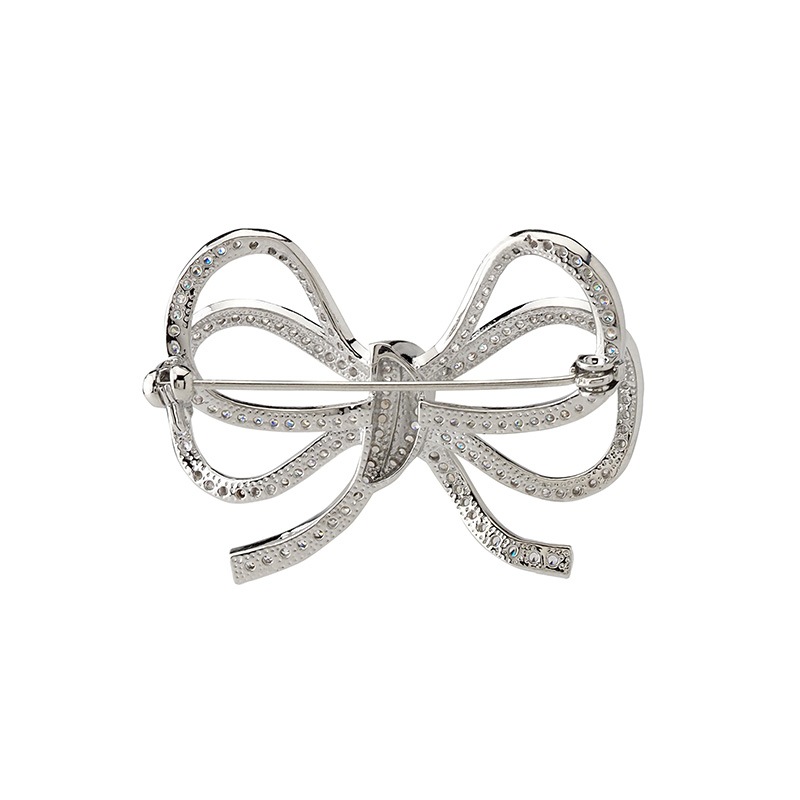 キュービックジルコニア　リボンモチーフブローチ ロジュームカラー
