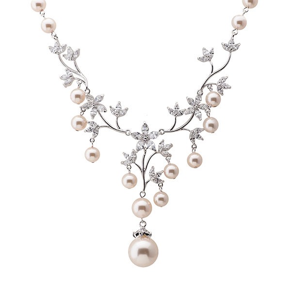 クリスタルガラスパール　蔦モチーフネックレス  クリームローズカラー