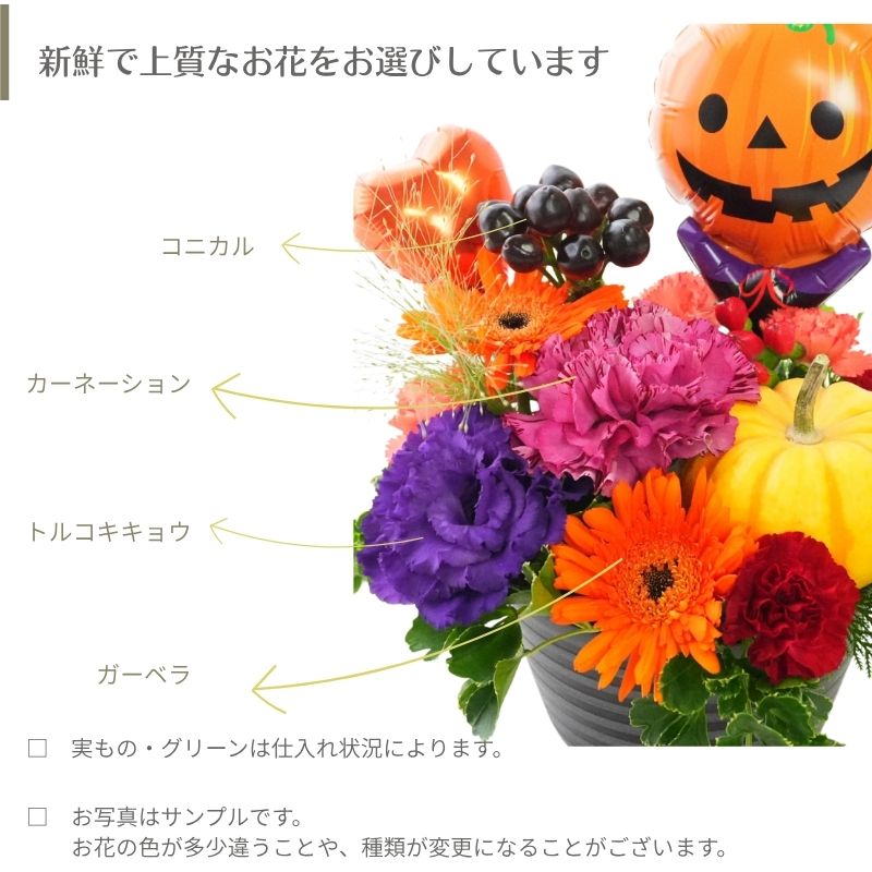 ハロウィン 秋 花 生花 アレンジメント ギフト バルーン付 フラワーギフト 10月 誕生日 自宅用 ハロウィン装飾 アレンジメント フラワー お祝い 記念日 ハロウィーン ハロウィンパーティー ホームパーティー 季節の贈り物 a お花 指定日 お届け 最強配送 宅配