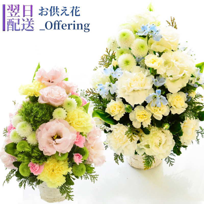 【お供え花　Offering】お花の色が選べる生花の御供アレンジメントです。2色よりお選びいただけます。送料無料。14時までのご注文で翌日お届け（お届け地域はページ内の地図参照）