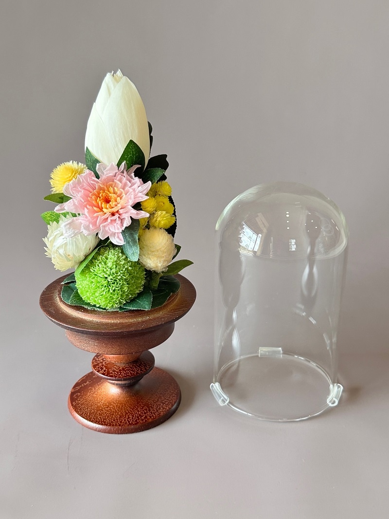 プリザーブドフラワー仏花 ガラスドーム小 木製(ブラウン) 蓮(全高 プリザーブドフラワー仏花 ガラスドーム小 木製(ブラウン) 蓮(全高