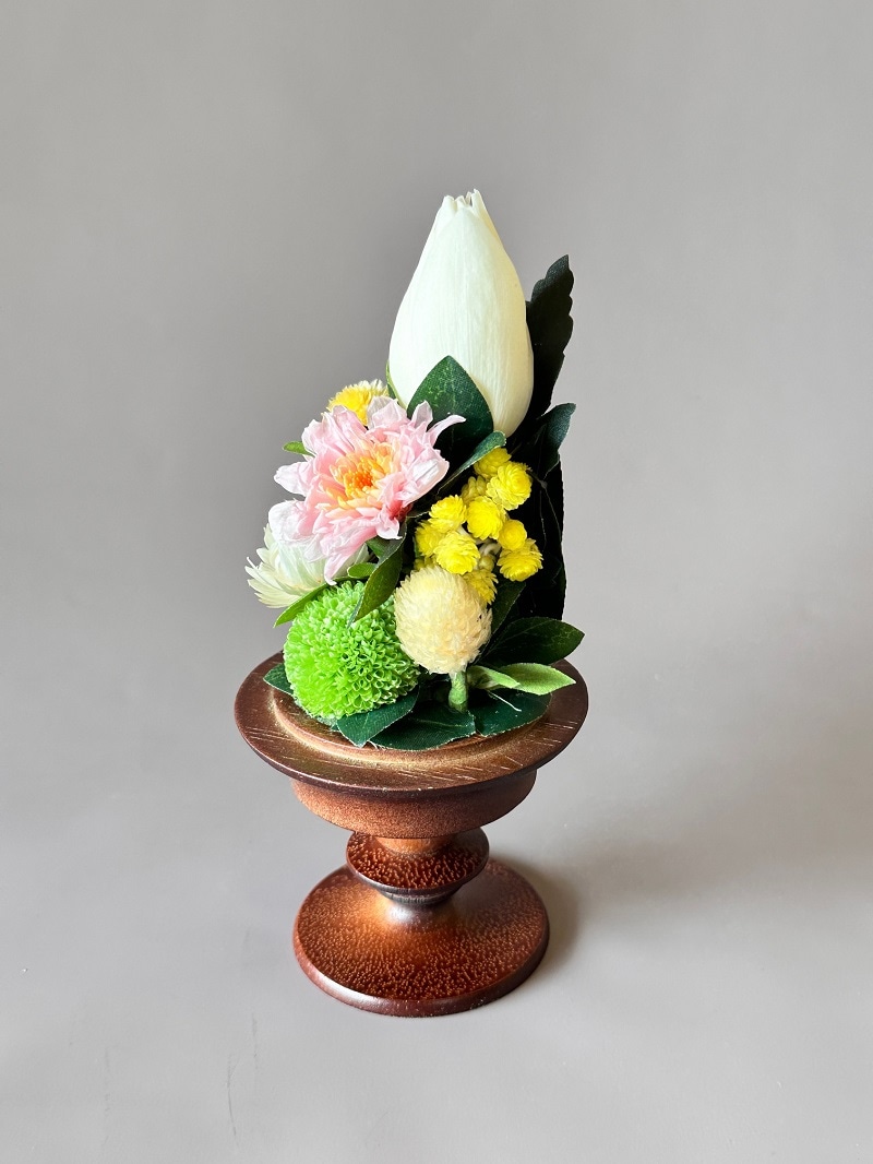 プリザーブドフラワー仏花 ガラスドーム小 木製（ブラウン） 蓮（全高