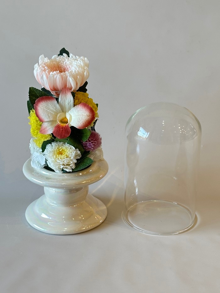 仏花ガラスドーム小対 プリザーブドフラワー仏花 ガラスドーム小 菊（全高18cm