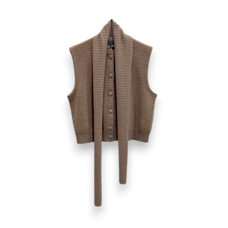 TAN / TAN CASHMERE STRIPED KNIT VEST WITH LONG SCARF