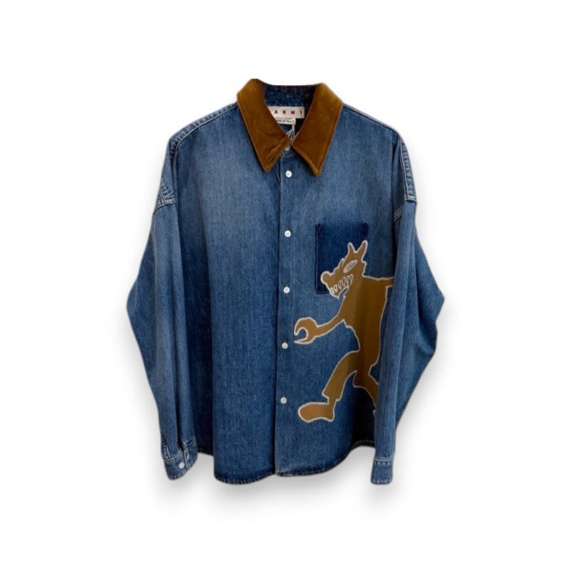 MARNI / MA Blue denim shirt with wolf patch