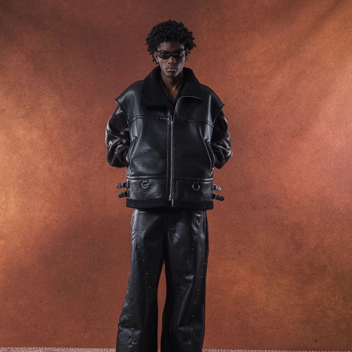 TAUPE / TPE E.LEATHER MOUTON STAND VEST