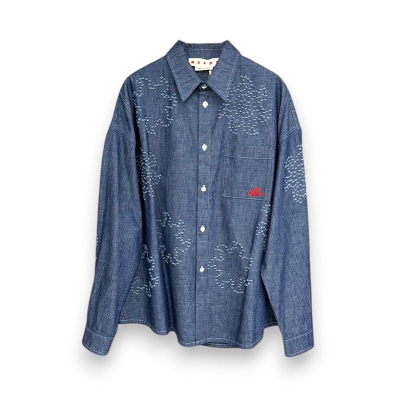MARNI / Blue Chambray Oversized Shirt with Sun Motif