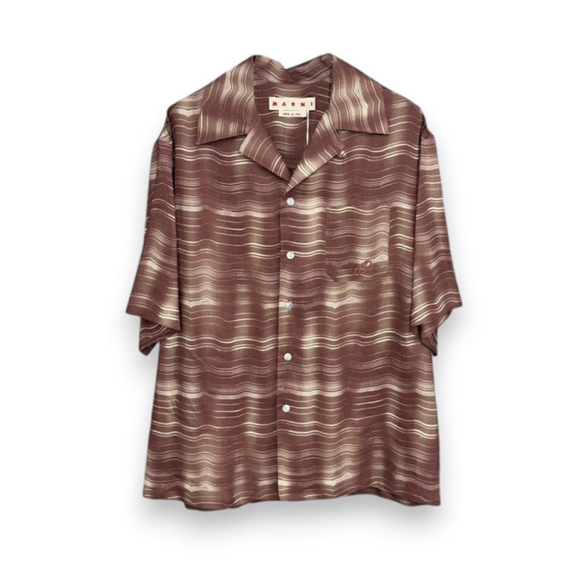 MARNI / Carousel Print Brown Ramie Bowling Shirt