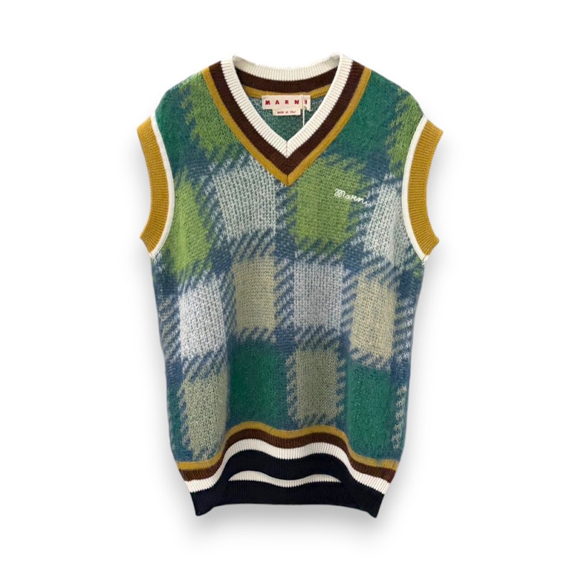MARNI / Green Checked Mohair Vest With Striped Trims