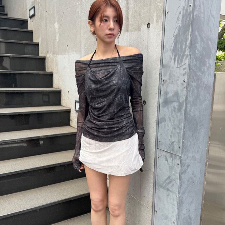 seivson / Cyber Muse Sheer Ruched Mesh Top