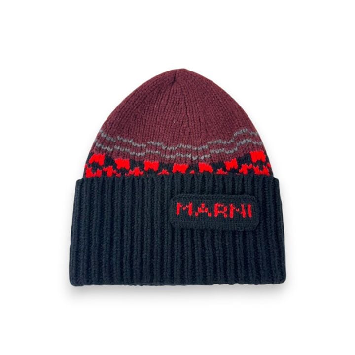 MARNI / Red wool beanie with geometric motif