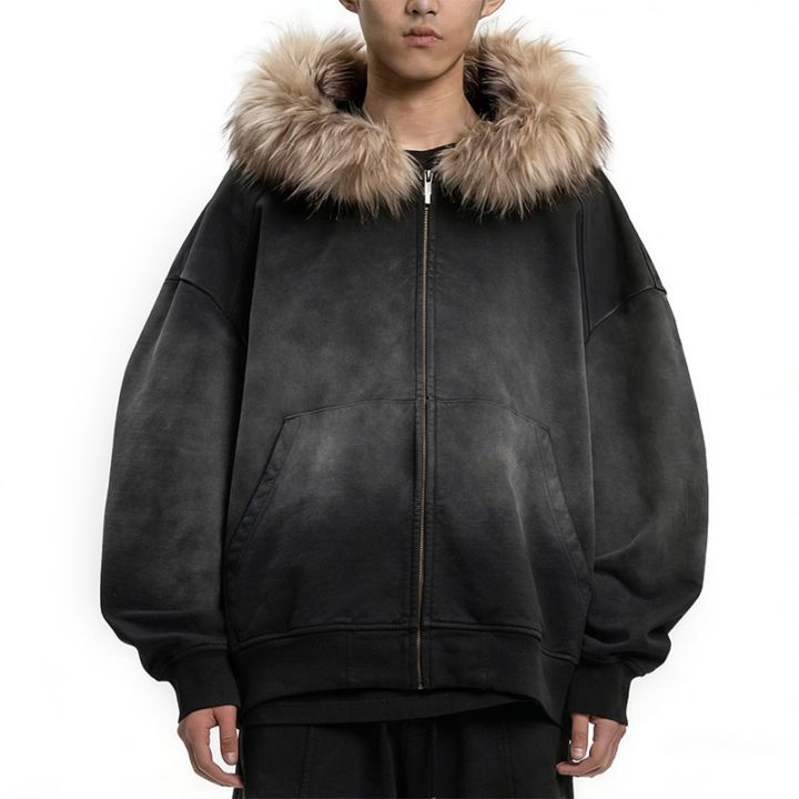 Feng Chen Wang / Washed Faux Fur-Trim Zip-up Hoodie