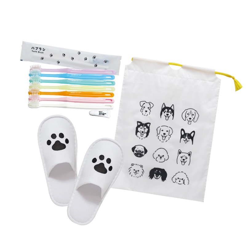 お子さま用アメニティー あつまれ！わんわん (巾着・歯ブラシ・スリッパ)　入数：200個　単価：135円