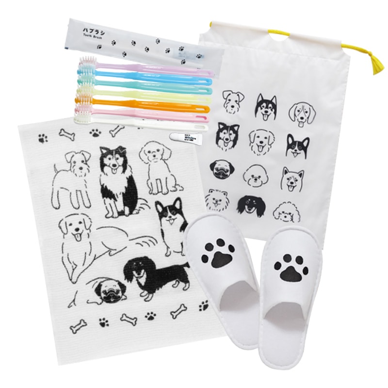 お子さま用アメニティー あつまれ！わんわん　(巾着・タオル・歯ブラシ・スリッパ)　入数：200個　単価：185円