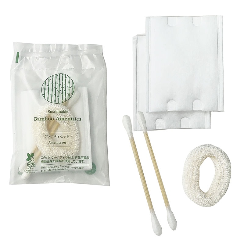 TAKENOKO　レディースセット(パフx2、竹軸綿棒x2、ヘアゴムx1)　入数：2000個　単価：15.5円