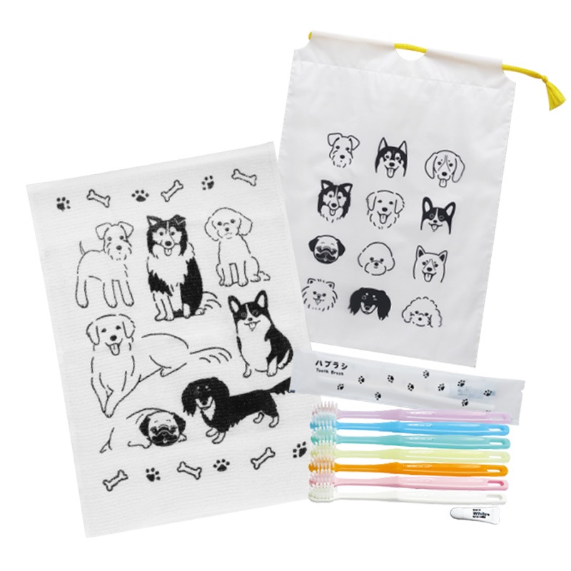 お子さま用アメニティー あつまれ！わんわん (巾着・タオル・歯ブラシ)　入数：300個　単価：110円