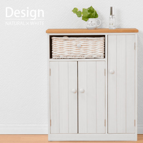 カントリー調トイレラック(トイレ収納) 幅50cm スリム 木製 扉/バスケット収納付き 【完成品】