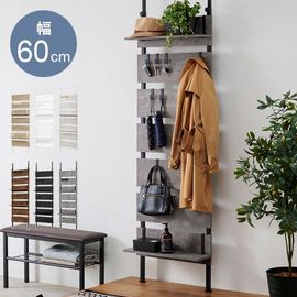 壁面 突っ張り ウォールラック 幅60cm　棚板2枚 フック7個付き 組立品 〔玄関 リビング ダイニング〕