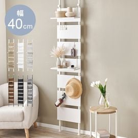 壁面 突っ張り ウォールラック  幅40cm 棚板2枚 フック7個付き 組立品 〔玄関 リビング ダイニング〕