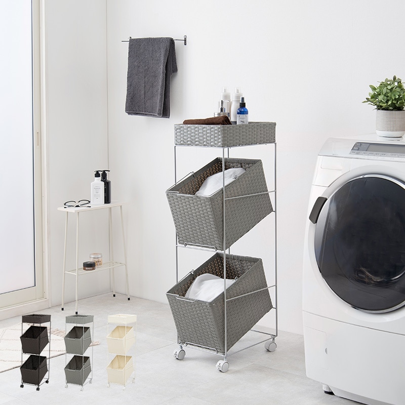 ランドリーラック ラタン調 【スクエアバスケット2個タイプ天板