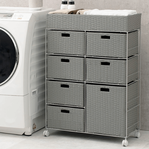 ランドリーラック ラタン調 幅70.5㎝ 【引出し7杯 天板収納付き】洗面