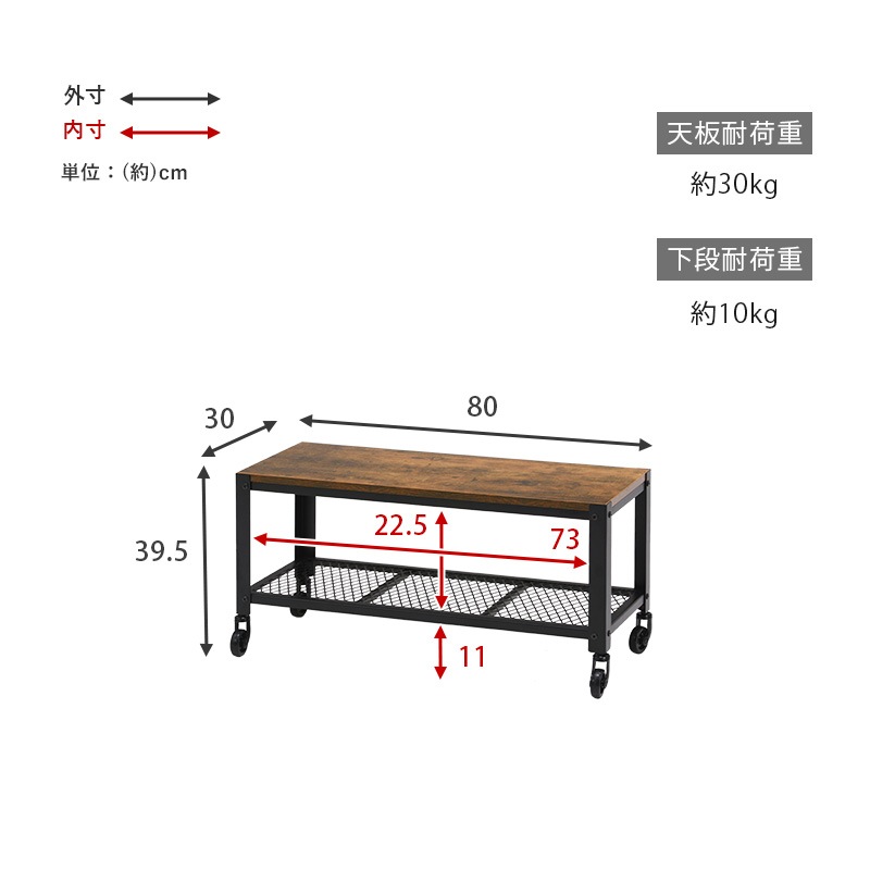 ビンテージ風 ローボード/テレビ台 【幅80×奥行30×高さ39.5cm】 スチールフレーム キャスター付き 棚付き 組立品