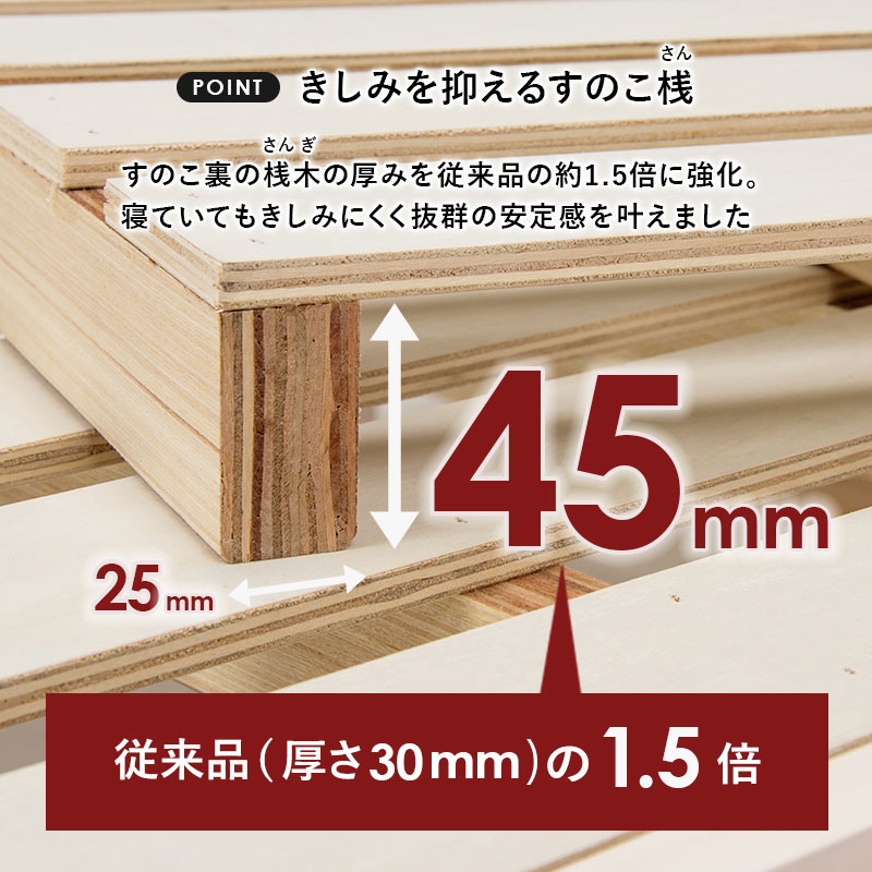 天然木すのこベッド S(シングルベッド)ロングサイズ 敷布団対応 宮棚付き 木製すのこベッド 高さ調整可能 大容量ベッド下収納 組立品 〔ベッドルーム〕