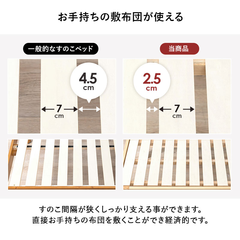 天然木すのこベッド S(シングルベッド)ロングサイズ 敷布団対応 宮棚付き 木製すのこベッド 高さ調整可能 大容量ベッド下収納 組立品 〔ベッドルーム〕