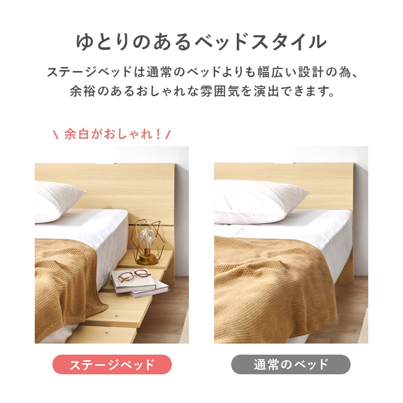 ヘッドボード付き ステージベッド セミダブルベッド ロータイプ 2口コンセント付き 組立品〔ベッドルーム〕