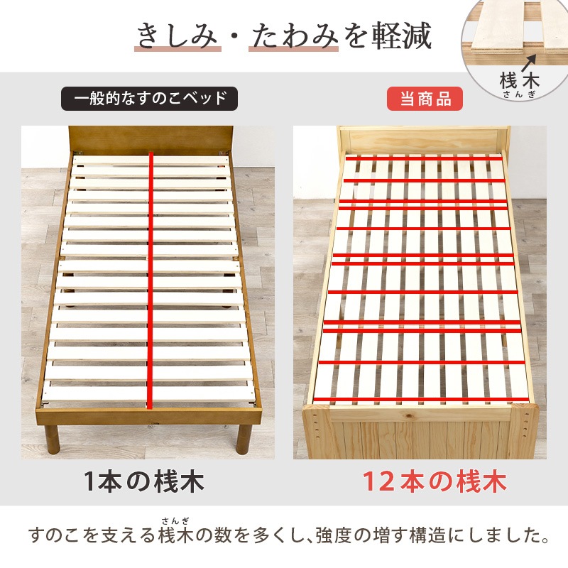 カントリー調 天然木棚付きベッド SD(セミダブルベッド)サイズ 木製すのこベッド 高さ調整可能 大容量ベッド下収納 組立品 〔ベッドルーム〕