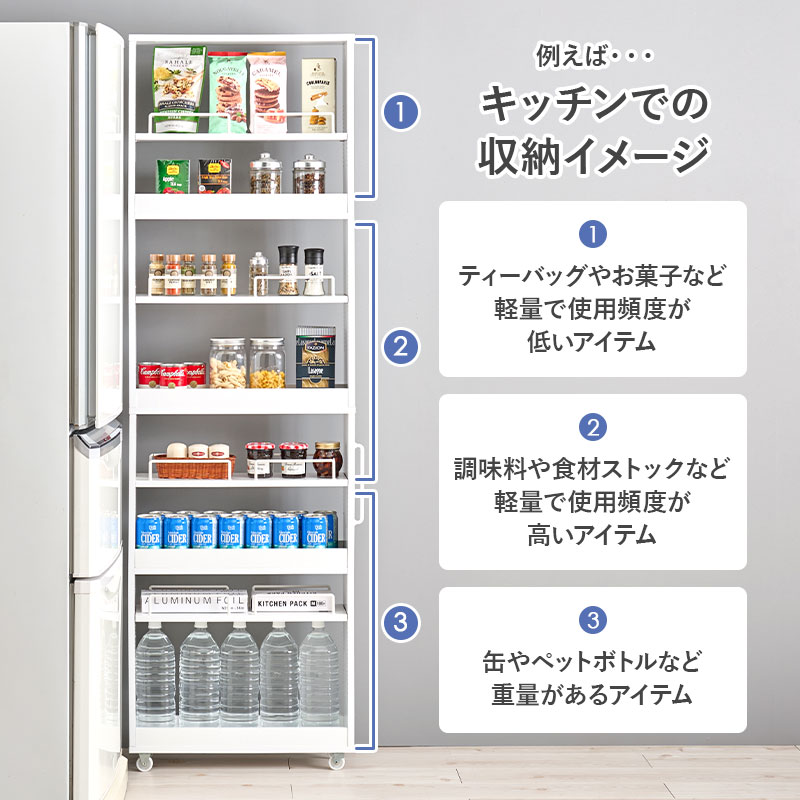 スリムな隙間収納 ワゴンラック 幅20㎝ ハイタイプ 可動棚×4枚