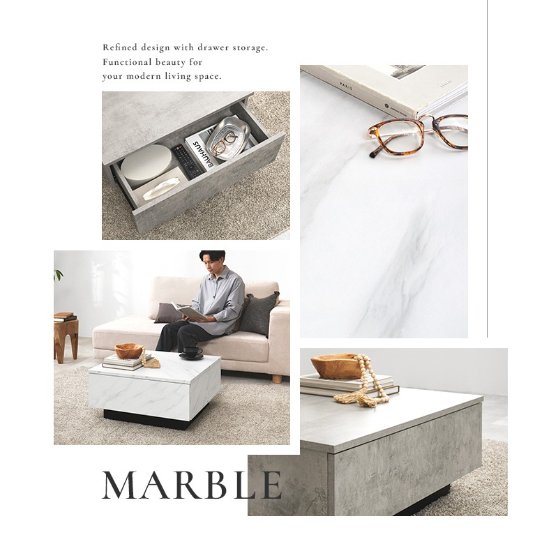 大きな引出し2杯付きの石目調ローテーブル センターテーブル 幅69cm