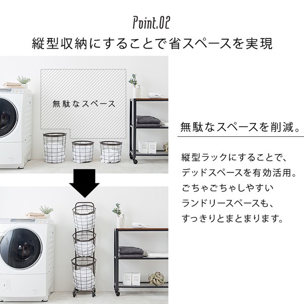 3段 ランドリーラック【バスケットタイプ・角型】洗濯カゴ ランドリー