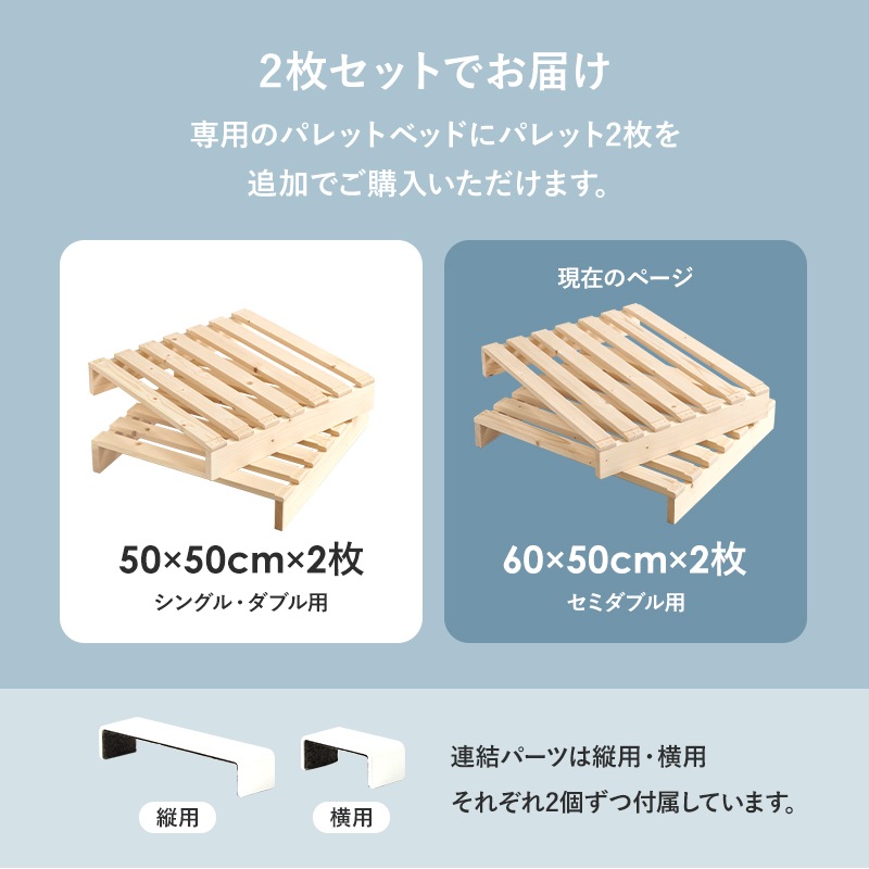 自分好みにアレンジ パレットベッド専用 追加床板２枚組 幅60㎝×50㎝ セミダブル用 追加パレット