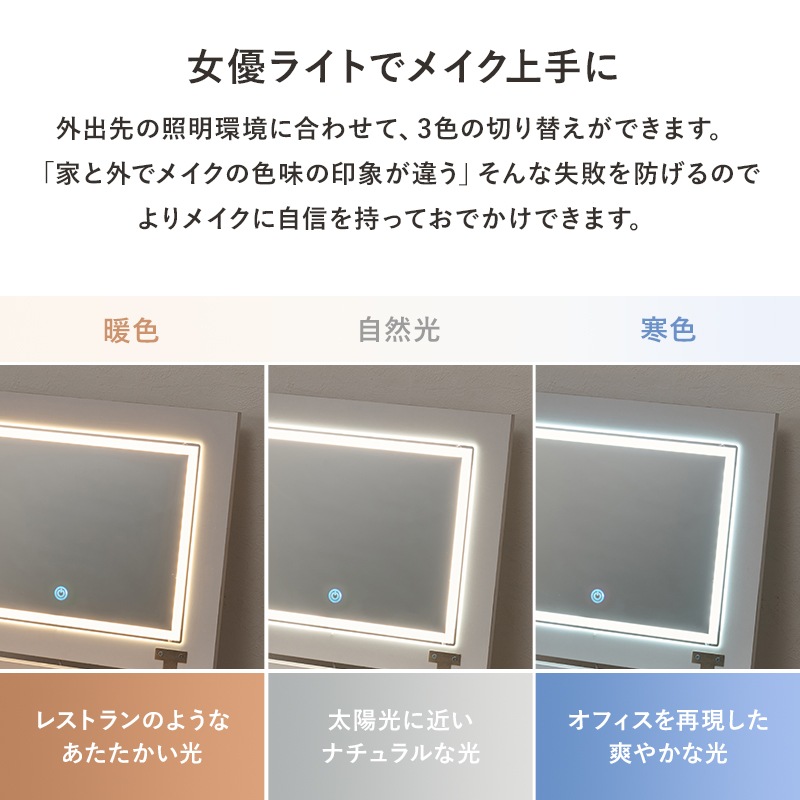 LEDライト付きのドレッサー＆スツール 2点セット 幅80cm 大容量収納