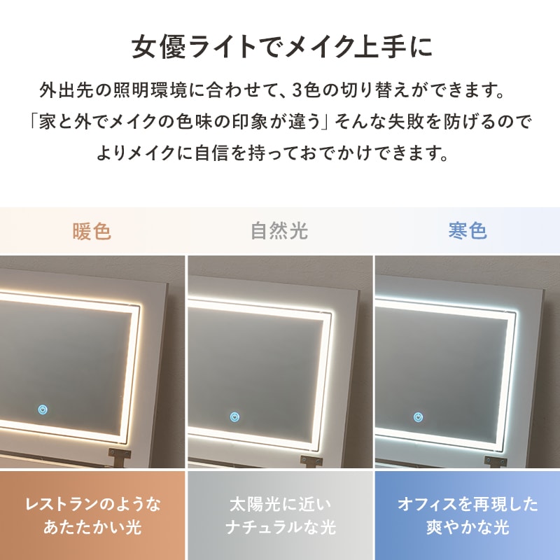 コンパクトなLEDライト付きドレッサー＆スツール 2点セット 幅50cm 2口