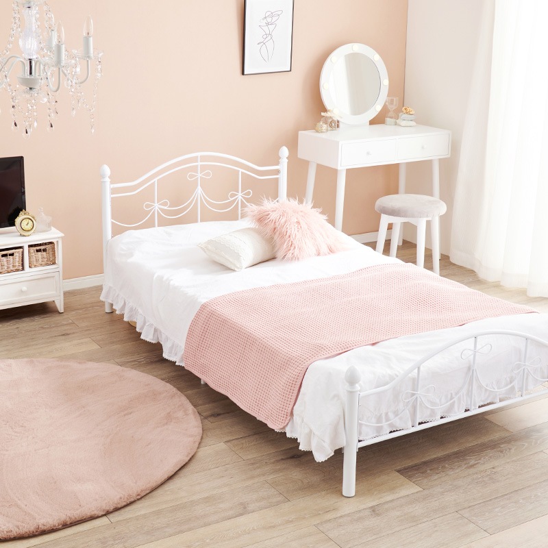 フェミニン調 シングルベッド (フレームのみ) スチールパイプ 高さ調整