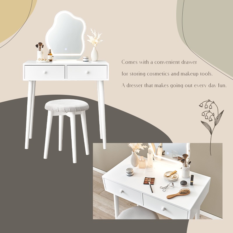 【幅75】大人かわいいウェーブミラードレッサー スツールセット LEDライト付き ウェーブミラードレッサー スツールセット 引き出し2杯 [幅75